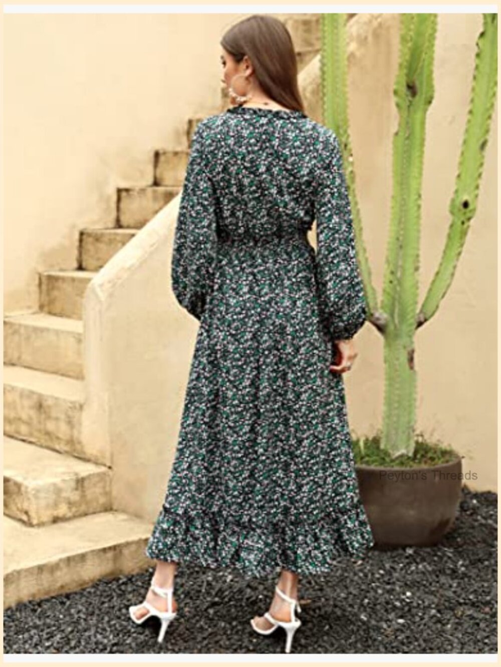 V Neck Boho Floral Print Wedding Guest Maxi Dress Bohemian Flowy - Picture 6 of 7